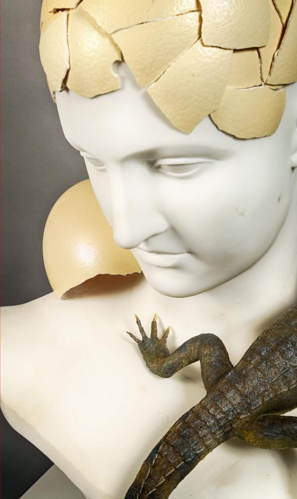 Temptation, marble, eggshells, taxidermy, 2018 © Koen Vanmechelen