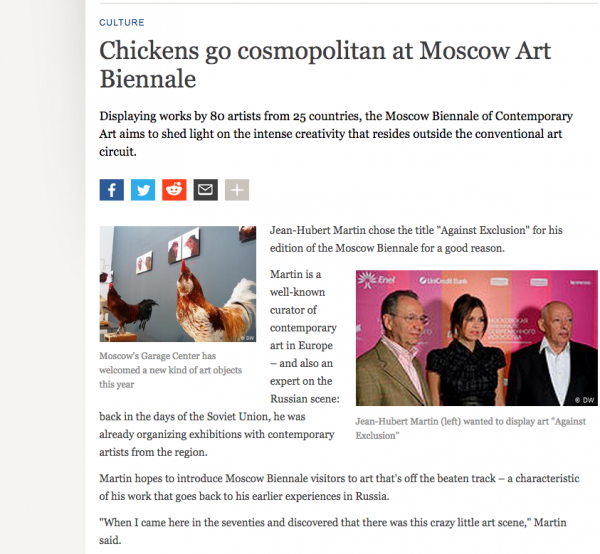 Chickens go cosmopolitan at Moscow Art Biennale, Deutsche Welle, 2009